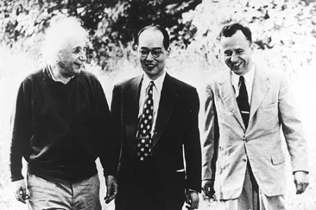 Albert Einstein, Hideki Yukawa and John Wheeler in Princeton 1954